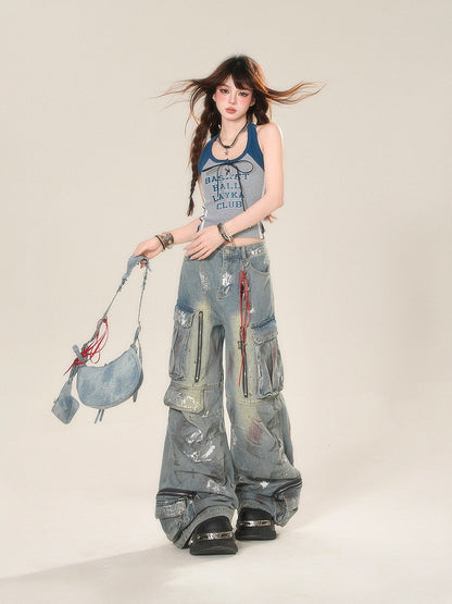 and Blue Gray Cropped Lace-up Glamorous Top Front Letter Neck Halter Tank Print