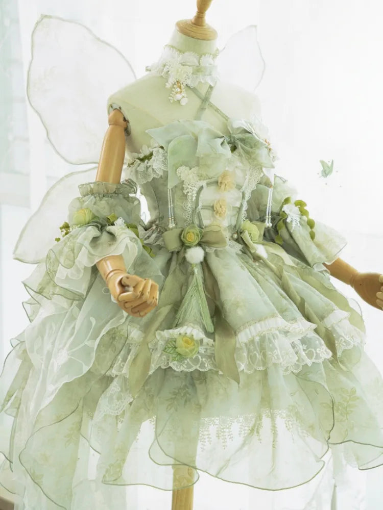 Set Decorated Princess Fairy Dress Flowers Lolita Butterfly JSK Light Full Green Forest