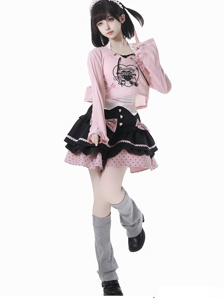 Tiered Skirt with Detachable Bows Black and Pink Polka-dot Pattern