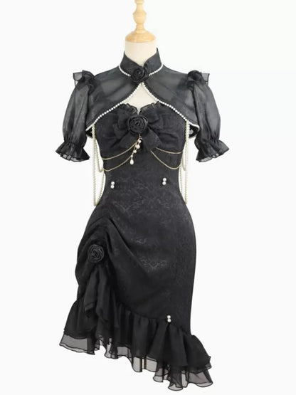 Perlen-Jacquard-Rüsche, Kamelie, Schwarz, Lolita, Meerjungfrau, Dekorationsdetail, JSK, Rosensaum