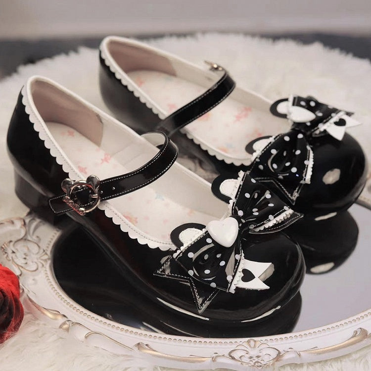 Low Fastener Ear Dot Black PU Bear Leather Heels Print Bow - Lolita