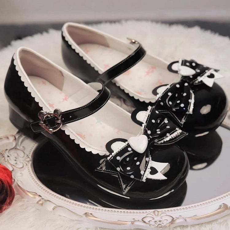 Print Black Bear Lolita Bow Low Dot Ear - Fastener Leather PU Heels