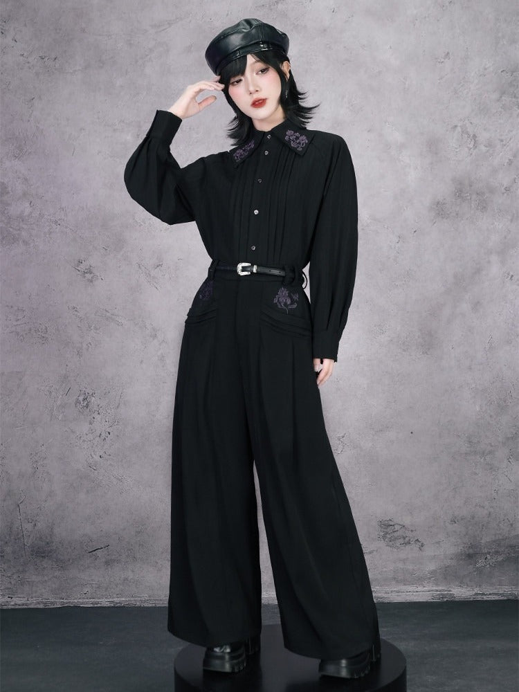 Gothic Straight Leg Trousers Featuring Purple Iris Embroidery in Black - Quirky Hut
