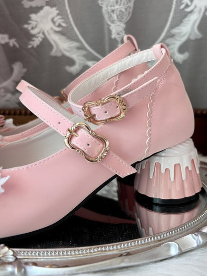 with Lolita - Heel at Trim Toe Cute Details Lace Pudding Janes Pink Top Bow Sweet Style Pumps Round Mary