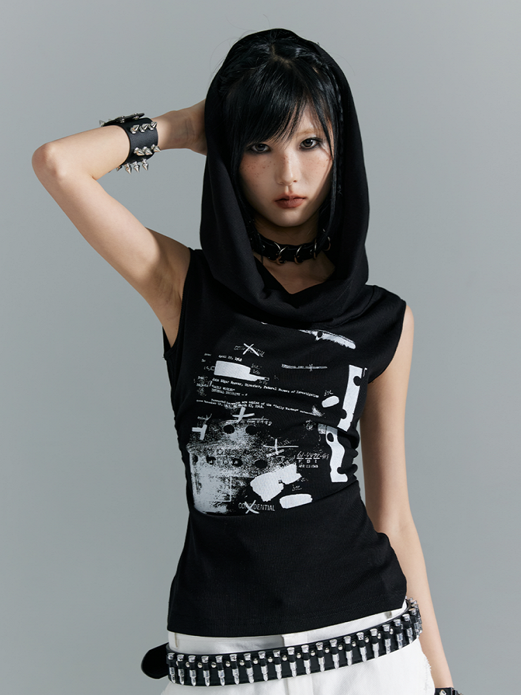 With White Print Black Knit Hooded Tank Top Letter