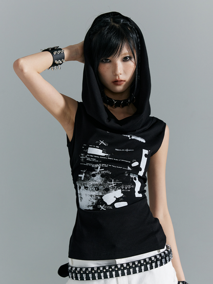 With White Print Black Knit Hooded Tank Top Letter