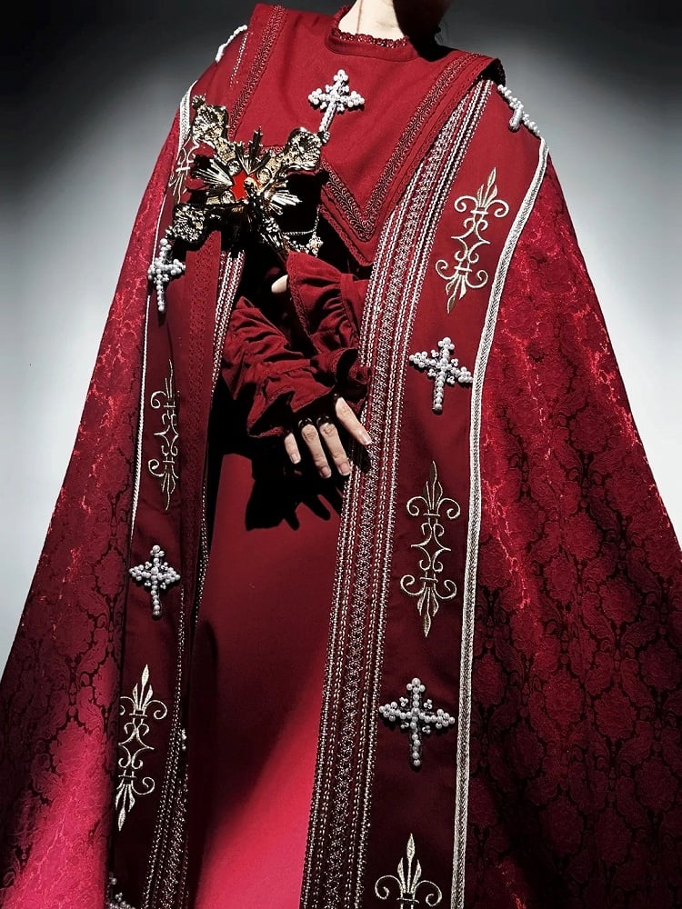 Cross Decorated Details Lolita Cloak and Wine Embroidery Red Nun