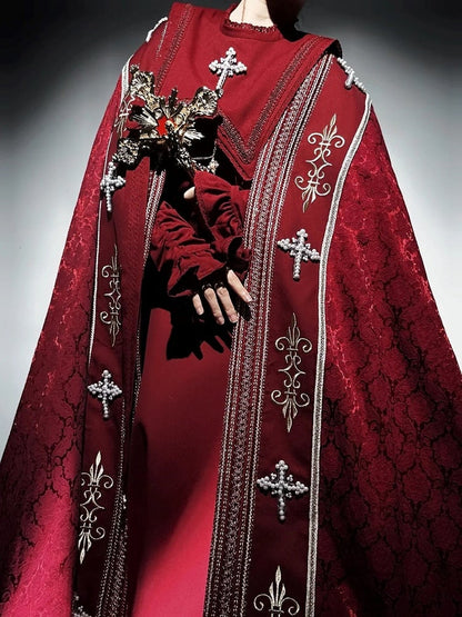 Cross Decorated Details Lolita Cloak and Wine Embroidery Red Nun