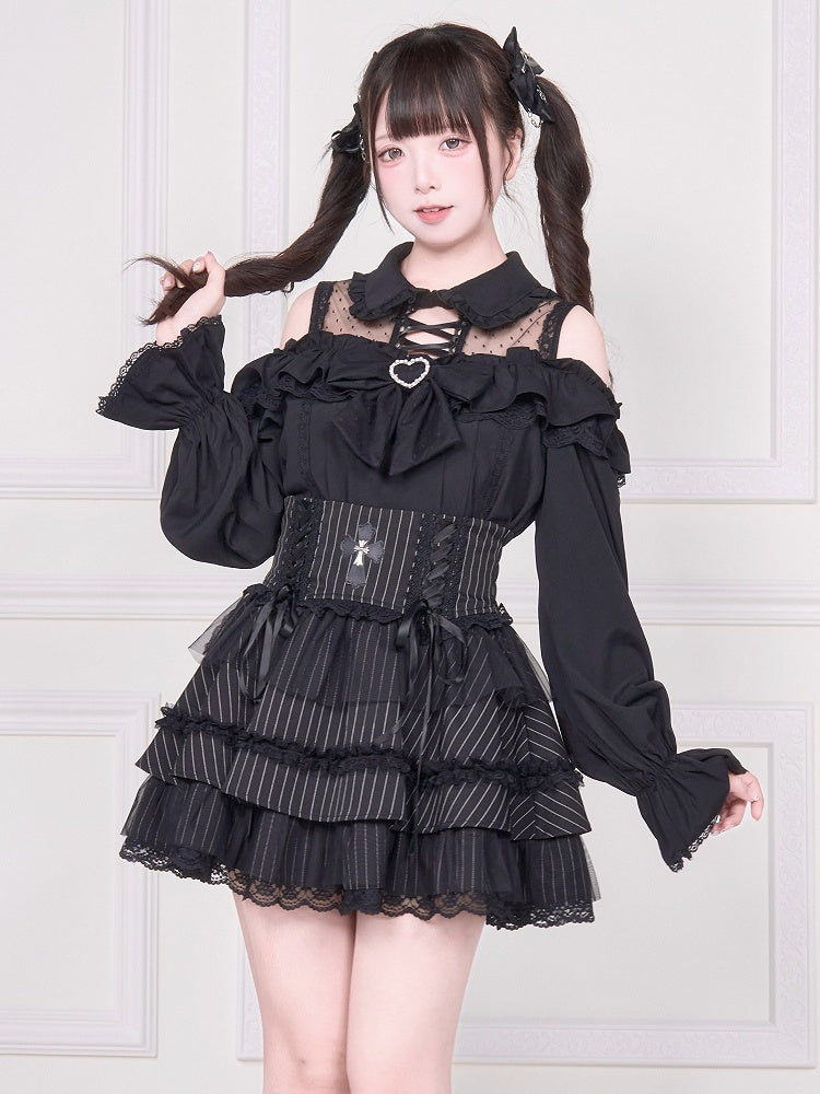 und Detail langes Top Illusion Ärmel Bluse Schulter Jirai mit schwarzem offenen Ausschnitt Kei