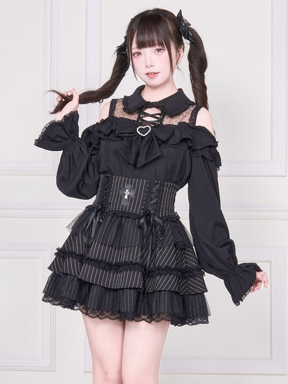 und Detail langes Top Illusion Ärmel Bluse Schulter Jirai mit schwarzem offenen Ausschnitt Kei