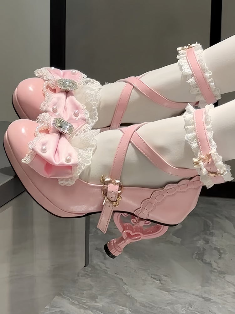 High Lolita Bow Lace Pink Heels Hime Trim Crystal Bead - with