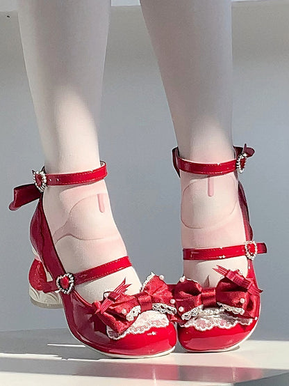 Red in Mid Top Heels Theme Dessert Bow Lolita Trim Lace Beads PU with Heel Sweet Decor