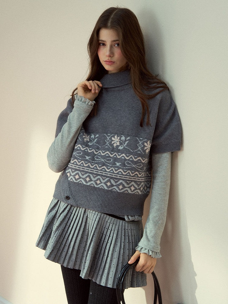 Short Pattern Sleeve Vintage with Gray Elegant Asymmetrical Sweater