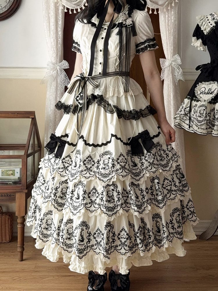 Lolita with Edge Scalloped Layered Elegant Trim Black Rabbit Pattern White Skirt
