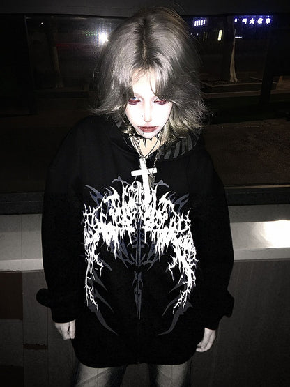 Print Fantasy Dark Black/White Gothic with Striped-Lined Lightweight Hoodie