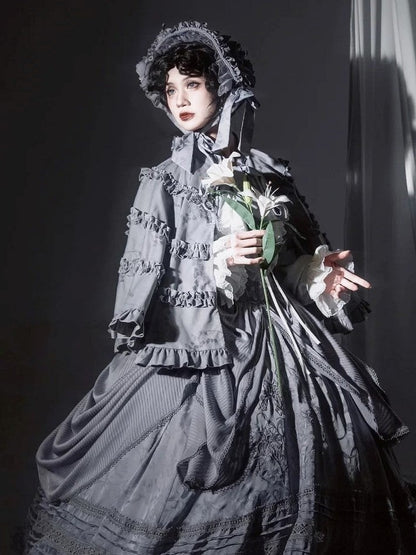 Cape Collar Lolita with Gray Trims Banded Ruffled