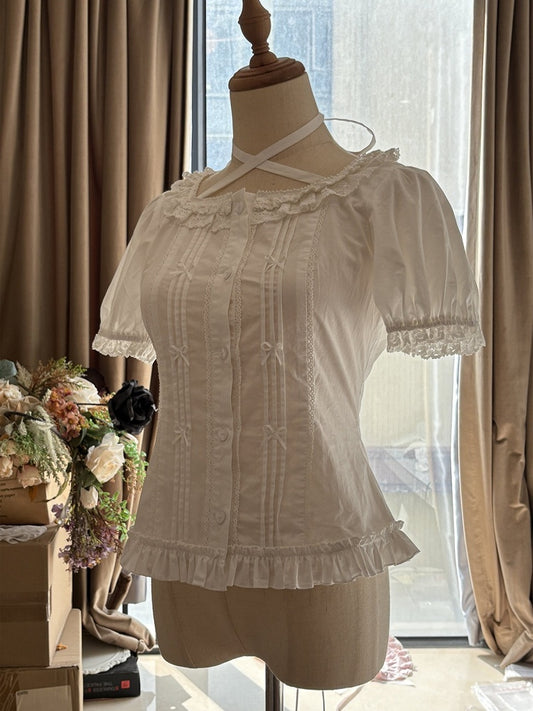 White Halter Blouse with Bow Accents and Lace Trim - Hana Studio