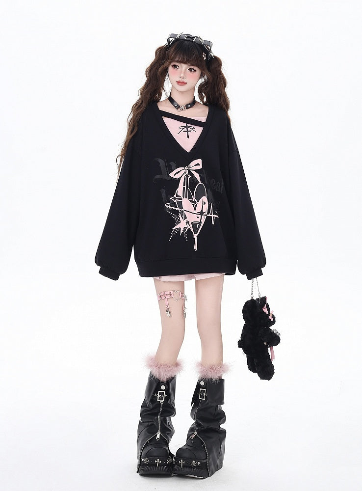 スウェットシャツ Vネック ハート＆リボンプリント ルーズ ツーピース ビタースウィート ブラック/ブルー フェイク