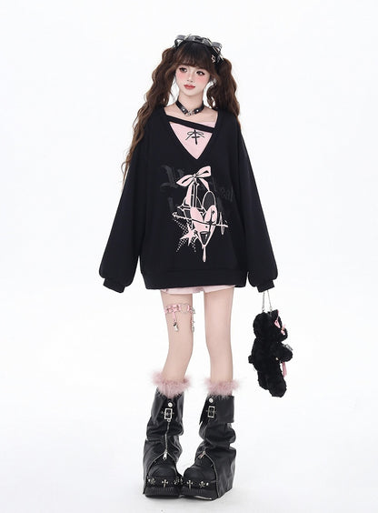スウェットシャツ Vネック ハート＆リボンプリント ルーズ ツーピース ビタースウィート ブラック/ブルー フェイク
