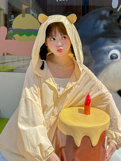 ジャケット 日焼け防止 ドローストリング イエロー マーモットの耳デザイン フード裾