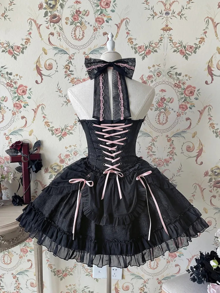 Cross Belle – Schwarzes und rosa Neckholder-Korsettkleid, Balletcore, Lolita, JSK