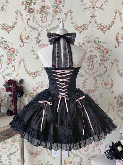 Cross Belle – Schwarzes und rosa Neckholder-Korsettkleid, Balletcore, Lolita, JSK