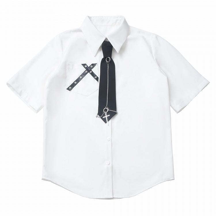 White Criss-Cross Strap Cross Short Sleeves Shirt with Charm Free Tie