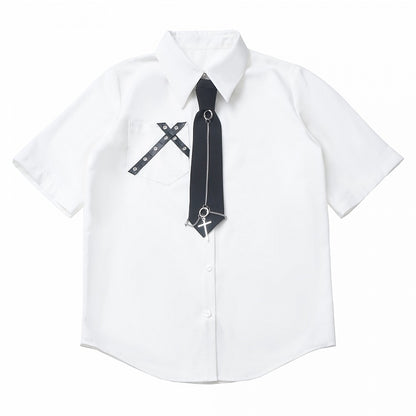 White Criss-Cross Strap Cross Short Sleeves Shirt with Charm Free Tie