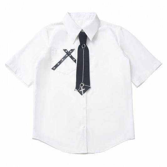 White Criss-Cross Strap Cross Short Sleeves Shirt with Charm Free Tie
