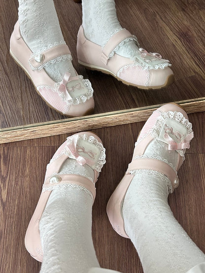 Heart-Embellished Closure Sweet in Pink Velcro Flats Lolita Trim Lace
