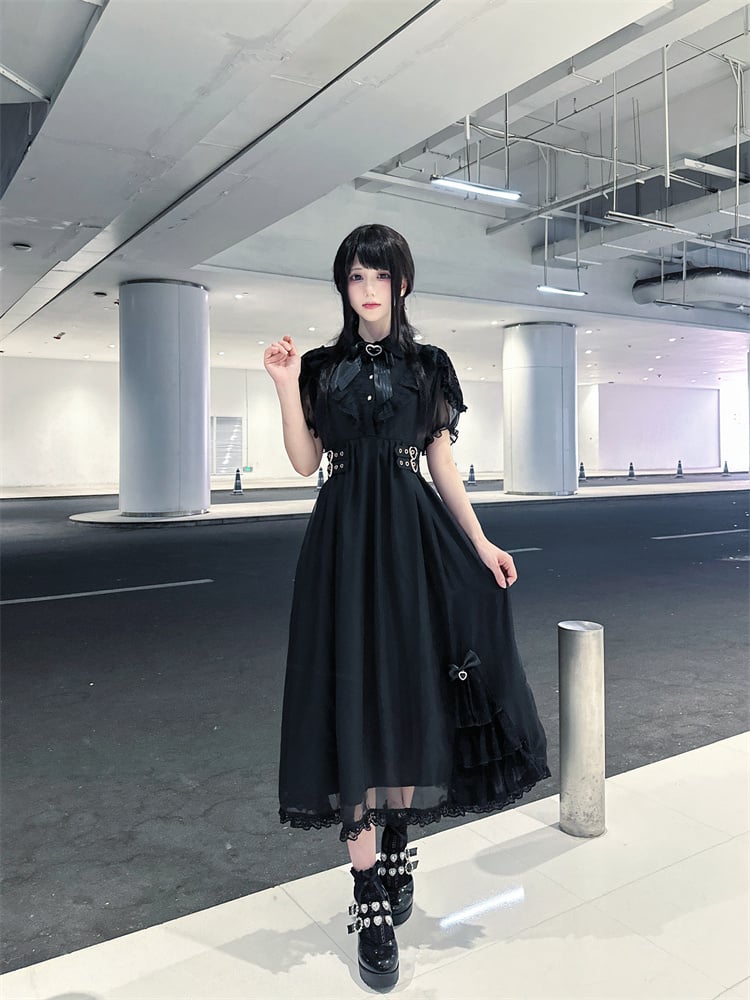 Hem Ruffles Tiered Dress Jirai Kei Black Chiffon Heart Buckles Waist