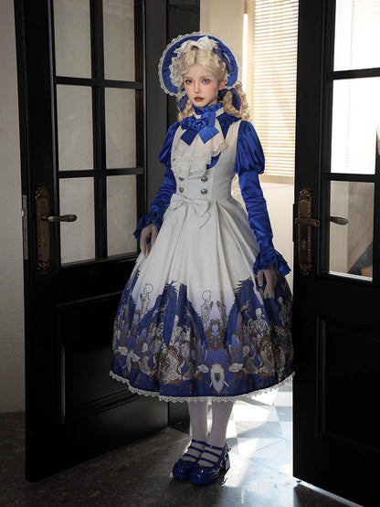 Cross and Blue Gothic Lace Trim with Skeleton Print Lolita Under Bust Dress White