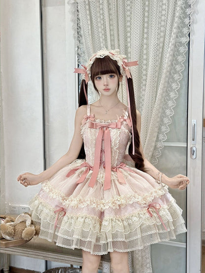 Decorated Pink Bowknots Jumper Dress Sweet Balletcore Skirt Lolita