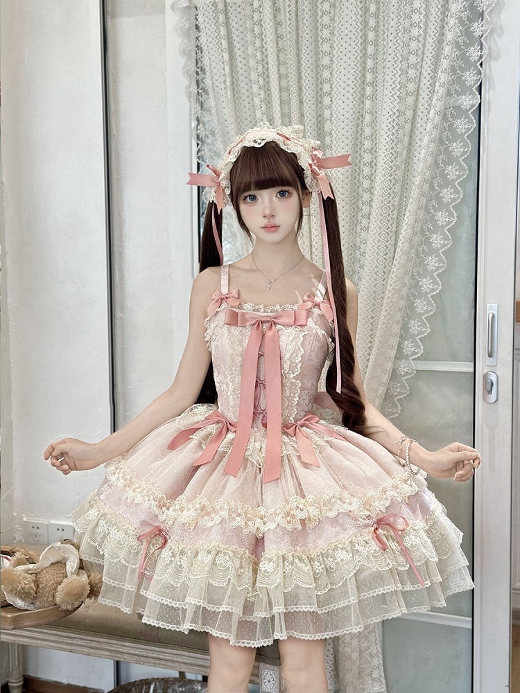 Kleid Rock verziert süß Jumper Lolita Balletcore rosa Bowknots