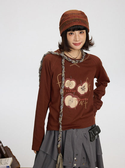 Kawaii Shirt Sleeve Print Long Brown Decorated - Red Apple