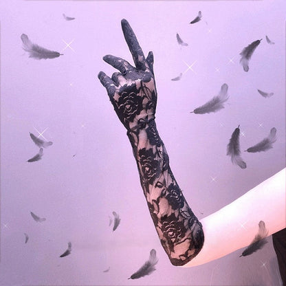 Black Details Gloves Lace Floral Long