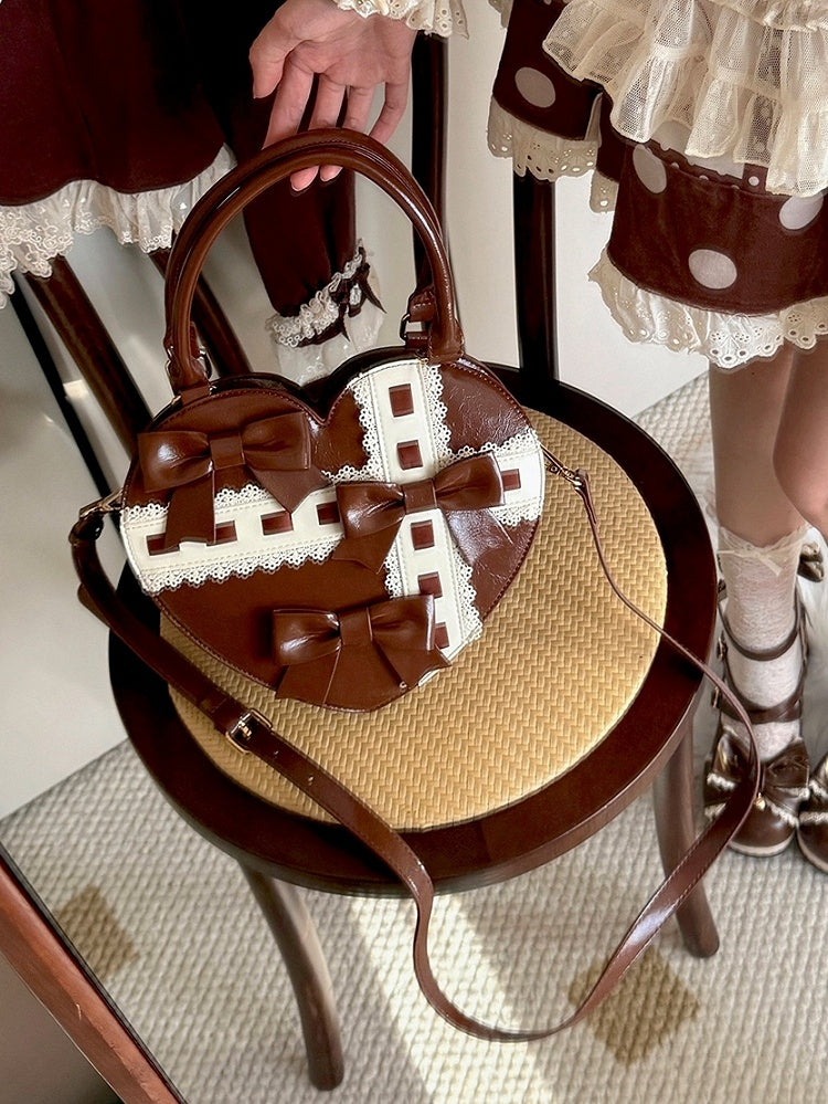 PU Bag Sweet Details Heart Bowknot Brown Leather in Straps Hem Scalloped