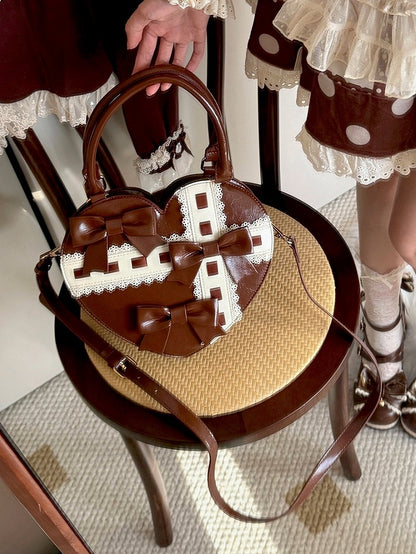PU Bag Sweet Details Heart Bowknot Brown Leather in Straps Hem Scalloped