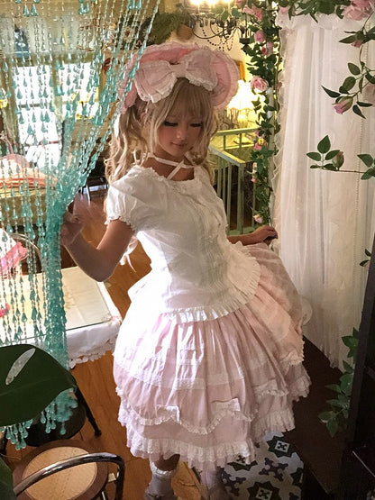 Pink & White Lace-Trimmed Skirt with Bow Accents - Hana Studio