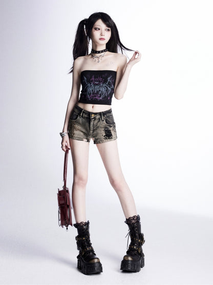 Glamorous Denim Shorts Taille Kreuz Nieten Distressed Schwarz Niedrig