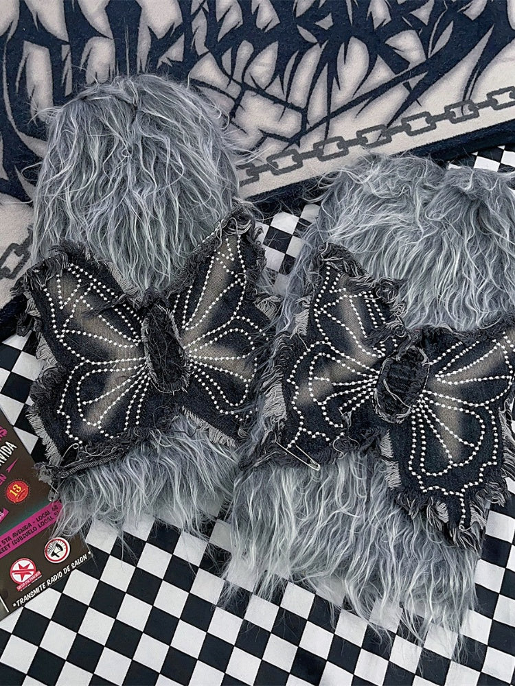 グレー Y2K バタフライアップリケ 40cm シャギーレッグウォーマー