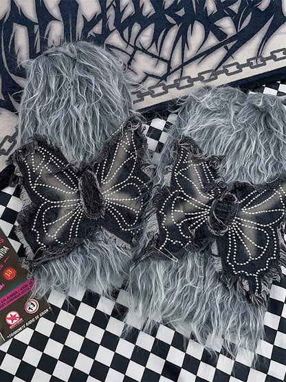 グレー Y2K バタフライアップリケ 40cm シャギーレッグウォーマー