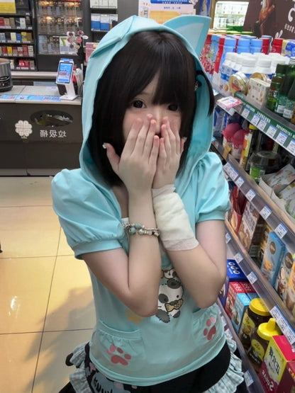 Two-piece with Hoodie Pocket Kawaii Design T-shirt Daily Blue Cat-ear Hood Details
