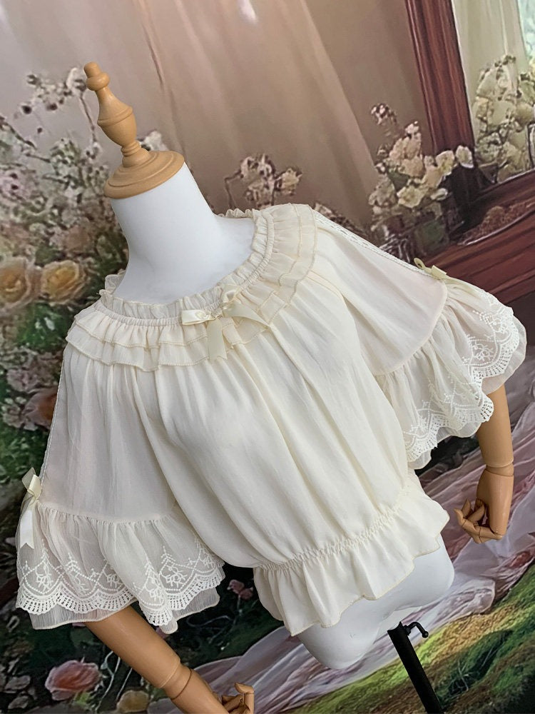 Three Colors Summer Classic Lolita Blouse with Off-Shoulder Neckline and Lace - Lan Jian Chuan