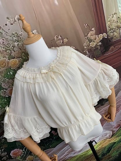 Three Colors Summer Classic Lolita Blouse with Off-Shoulder Neckline and Lace - Lan Jian Chuan