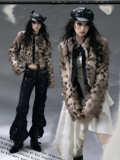 バックル＆スタッズ ブラック リバーシブル レオパード シャギー ジャケット