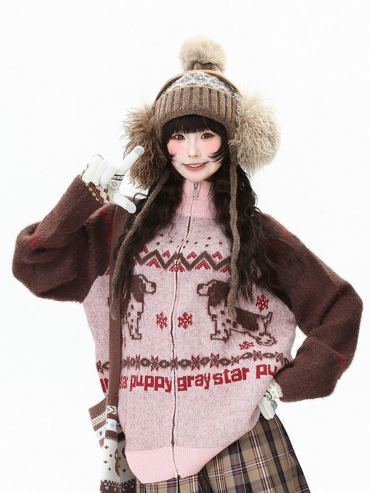 Hoodie Jacket Pink/Black Letter with Daily in Puppy Pattern Graphics Kawaii