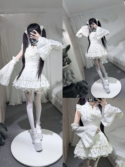 Cuffs Arm Scalloped Sleeves - Lace Buckle Bell Adjustable White with Cross-Stitch Gothic