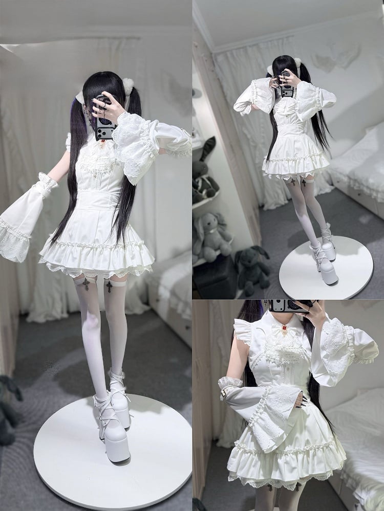 Dramatic Tail Collar White Gothic Batwing Jirai Swallow Top Kei Sleeveless with