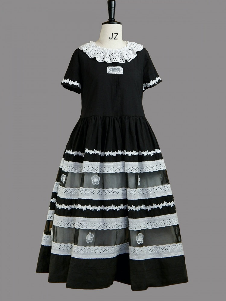 Black and White Lolita Short-Sleeve Dress with Multi-Tiered Skirt & Floral Lace - Aurora Borealis